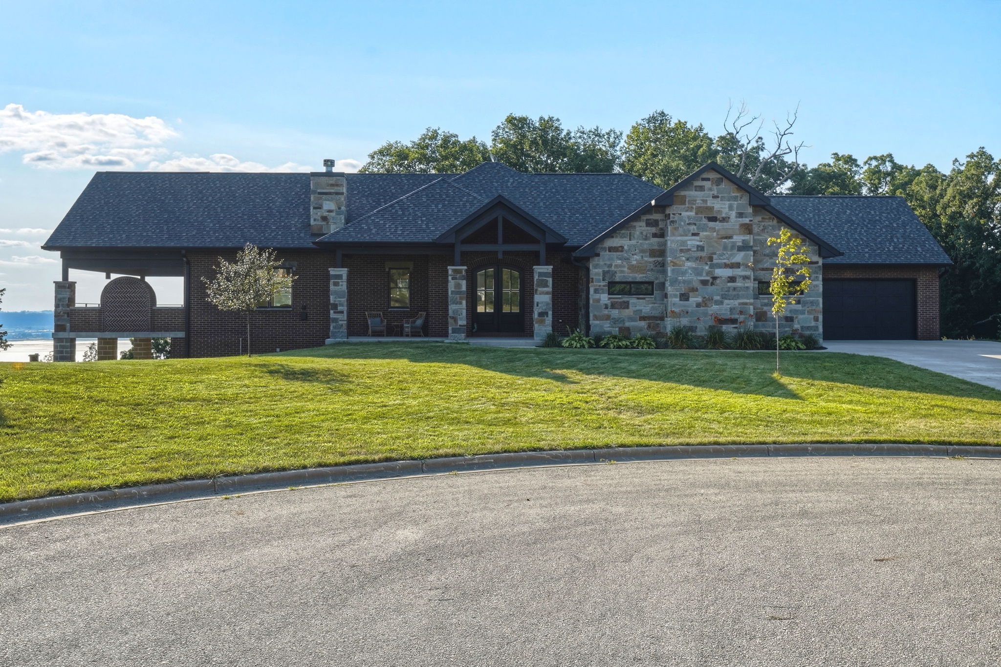 Exterior front elevation at twilight