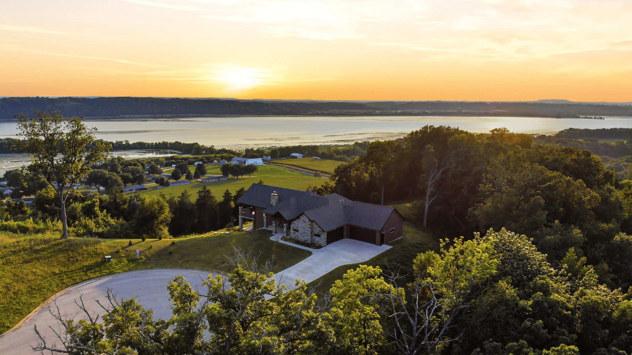 Aerial sunset view over the Mississippi River Valley