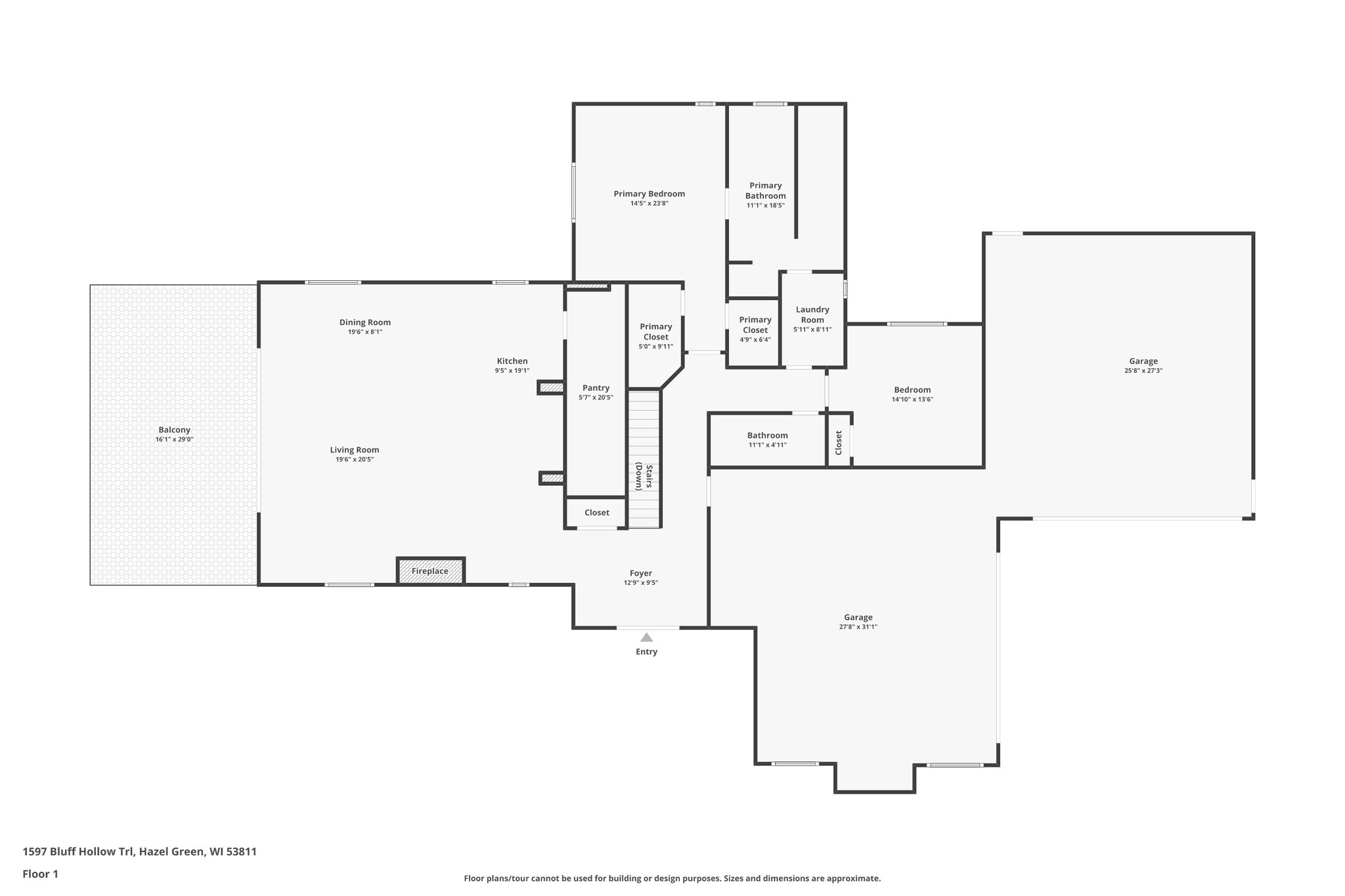 Floor 1 floor plan for 1597 Bluff Hollow Trail, Hazel Green, WI 53811